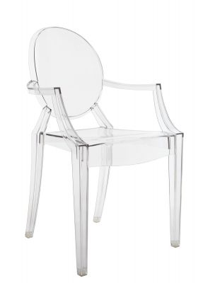 Glasklarer Louis Ghost Armlehnenstuhl von Kartell: Designstuhl aus transparentem Polycarbonat für modernes Wohnen.